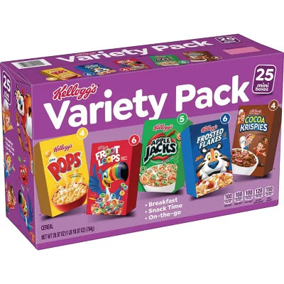 Kelloggs Cereal Variety Jumbo Box 25ct/$0.74 each (Great Value Buy)