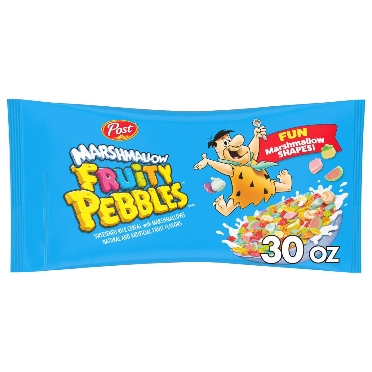 Post Marshmallow Fruity PEBBLES Cereal, Gluten Free with Marshmallows, 30 oz Bag
