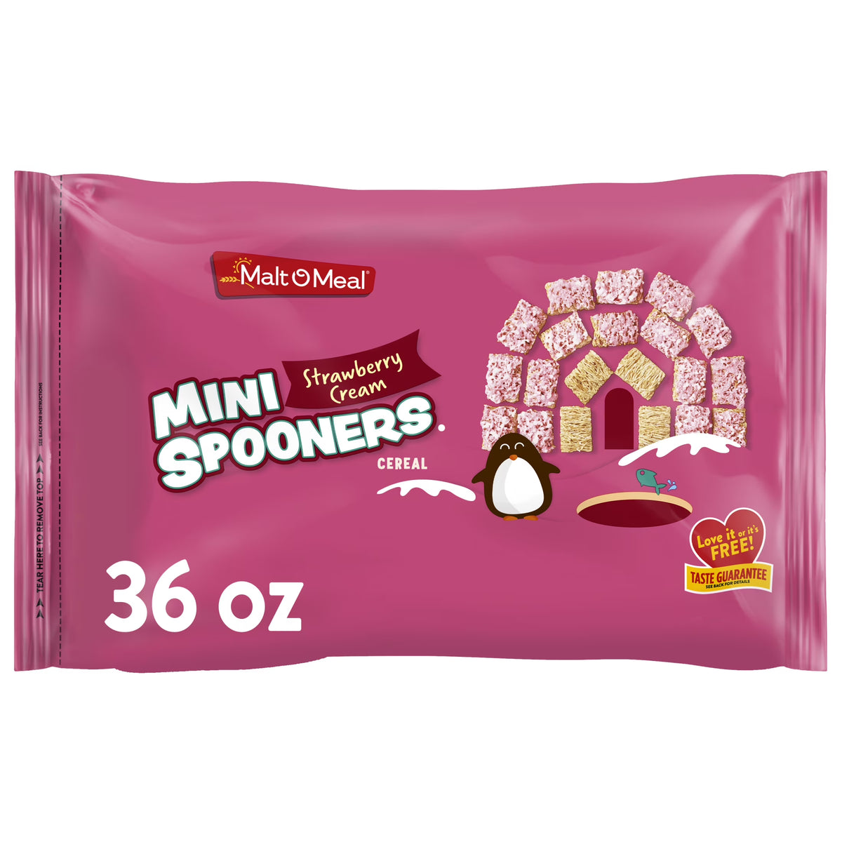 Malt-O-Meal Strawberry Cream Mini Spooners, Whole Grain Shredded Wheat Cereal, 36 oz Bag