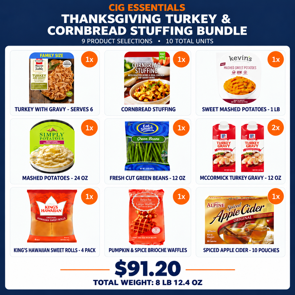 CIG Thanksgiving Turkey and Cornbread Stuffing Bundle, $91.20, total weight 8 lb 12.4 oz
