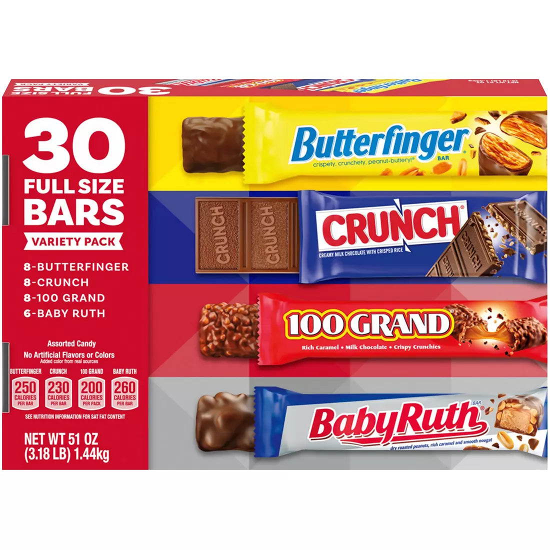 Butterfinger, Crunch, 100 Grand & Baby Ruth Assorted Chocolate Bar Variety Pack, 30ct