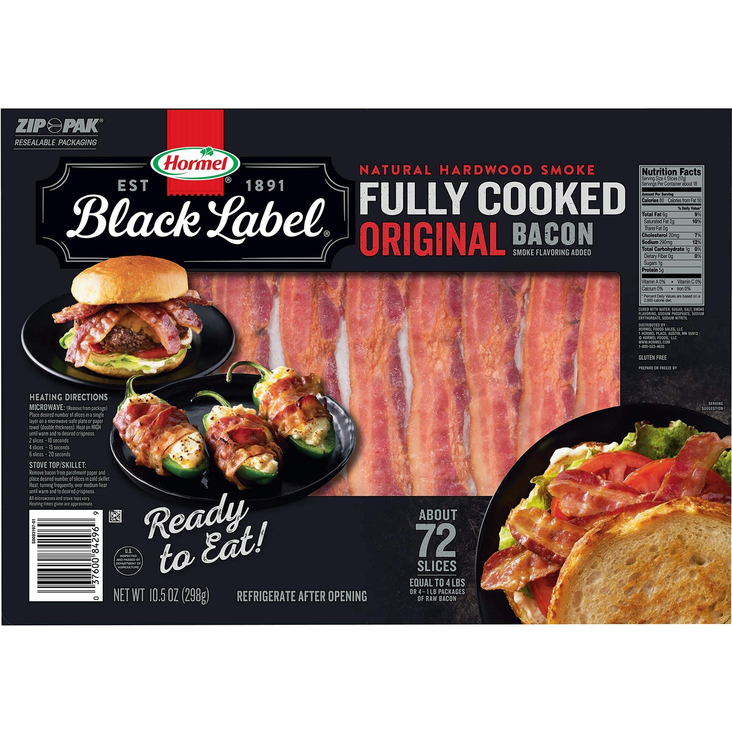 Hormel Black label Bacon (Fully Cooked) 72ct./$0.36 each slice (Great for monthly package)